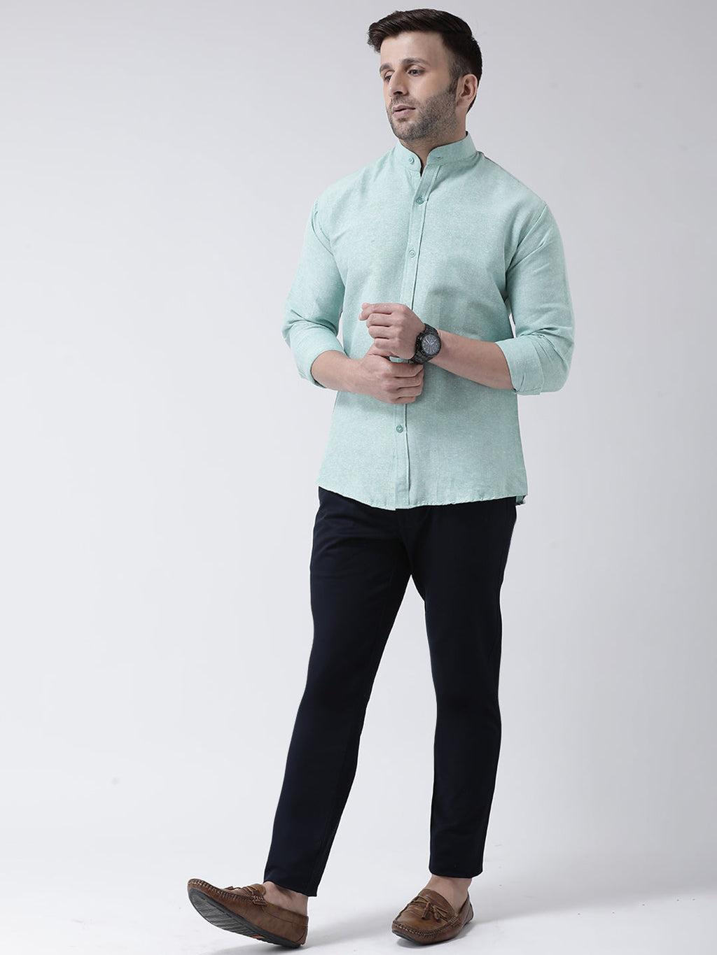 RIAG Green Men's Chinese Collar Full Sleeves Shirt - Distacart