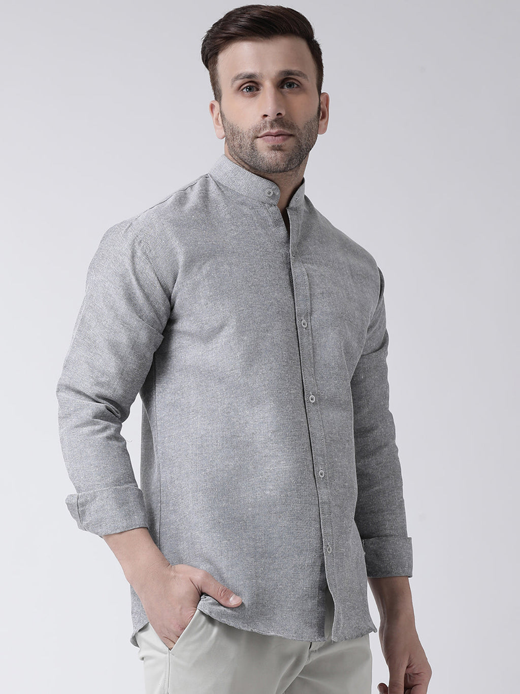 RIAG Grey Men's Chinese Collar Full Sleeves Shirt - Distacart