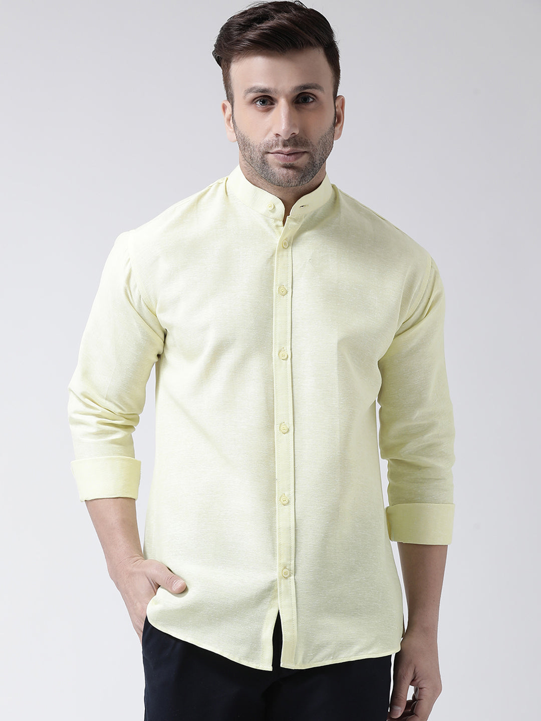 RIAG Yellow Men's Chinese Collar Full Sleeves Shirt - Distacart