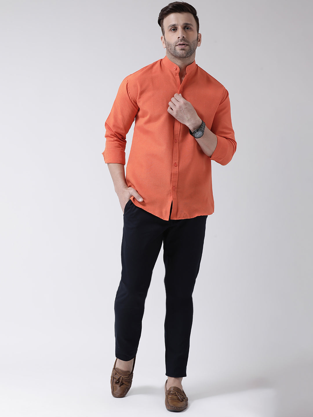 RIAG Orange Men's Chinese Collar Full Sleeves Shirt - Distacart