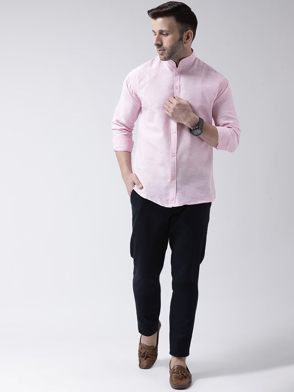 RIAG Pink Men's Chinese Collar Full Sleeves Shirt - Distacart