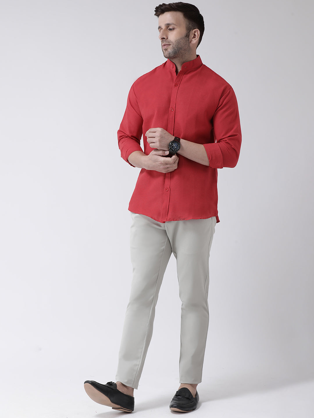 RIAG Red Men's Chinese Collar Full Sleeves Shirt - Distacart