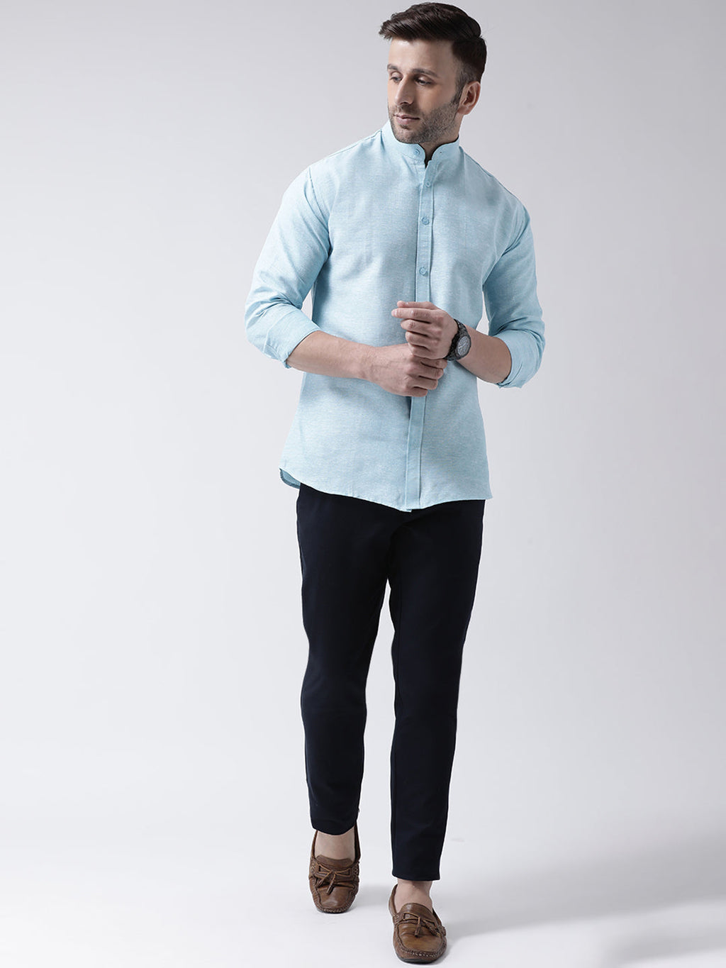 RIAG Sky Blue Men's Chinese Collar Full Sleeves Shirt - Distacart