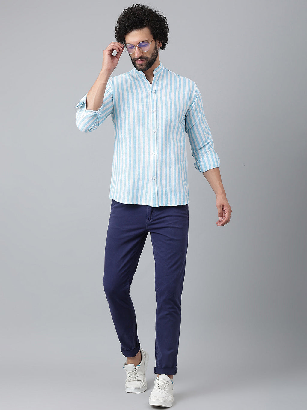 RIAG Blue Men's Chinese Collar Full Sleeves Shirt - Distacart