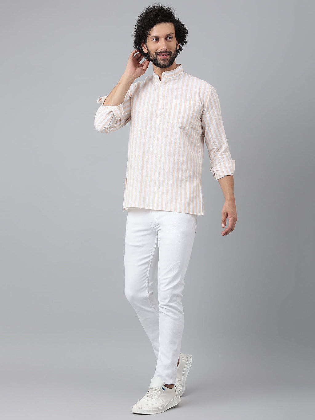 RIAG Beige Color Long Sleeves Casual Men's Cotton Short Kurta - Distacart