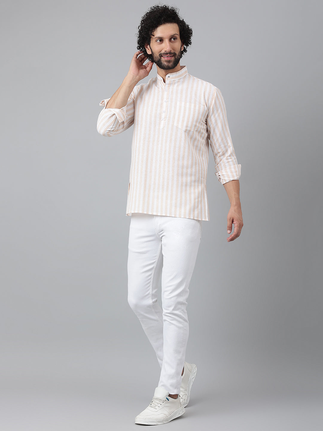 RIAG Beige Color Long Sleeves Casual Men's Cotton Short Kurta - Distacart