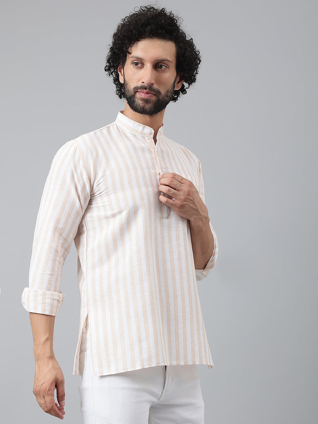 RIAG Beige Color Long Sleeves Casual Men's Cotton Short Kurta - Distacart