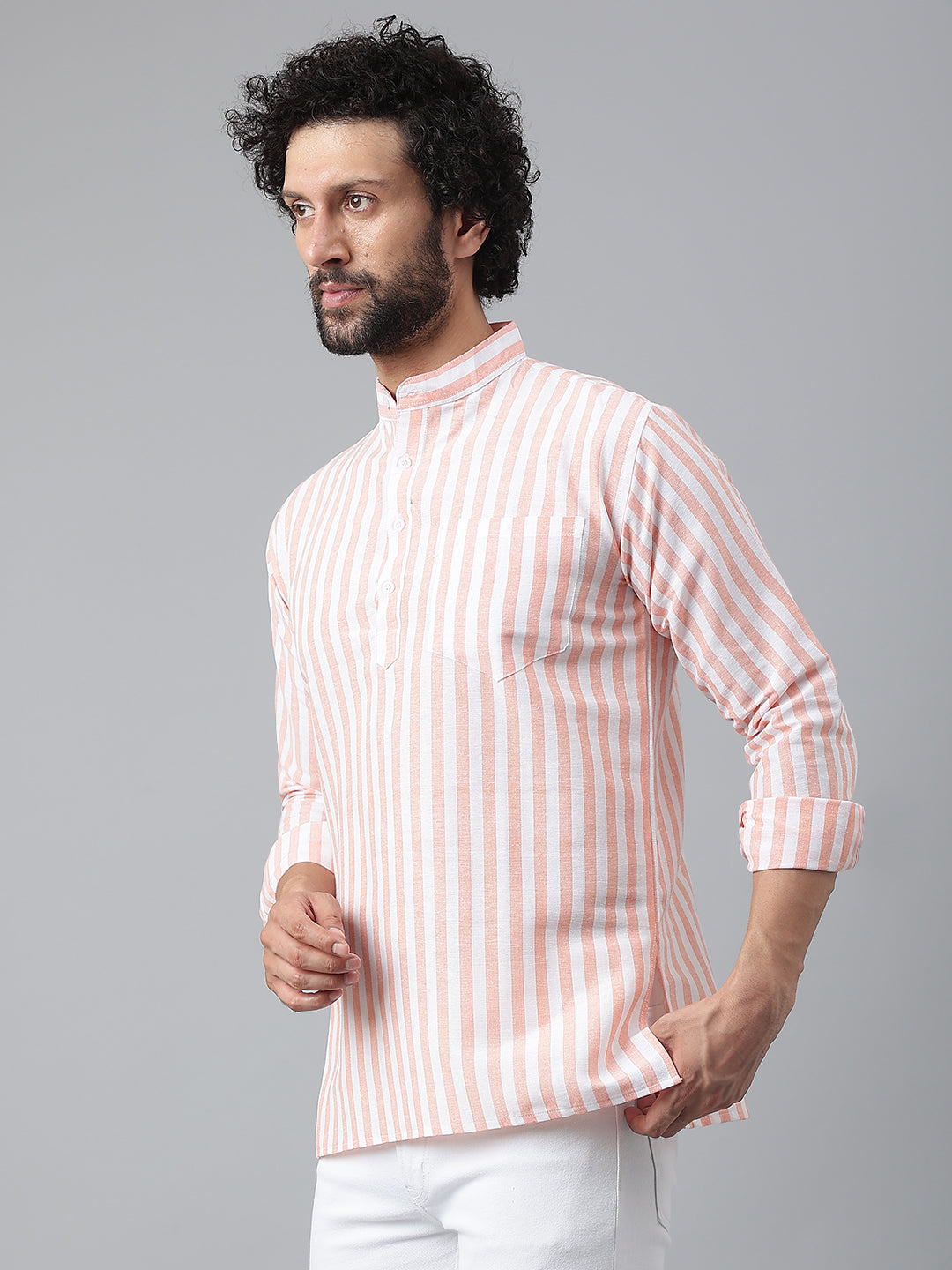 RIAG Orange Color Long Sleeves Casual Men's Cotton Short Kurta - Distacart
