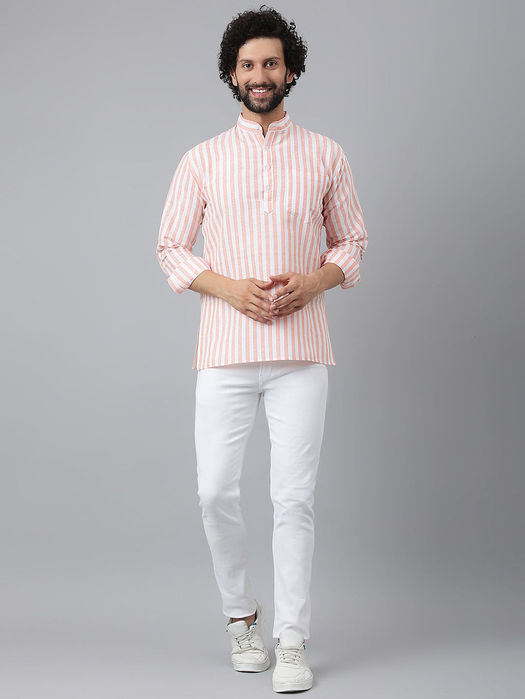 RIAG Orange Color Long Sleeves Casual Men's Cotton Short Kurta - Distacart