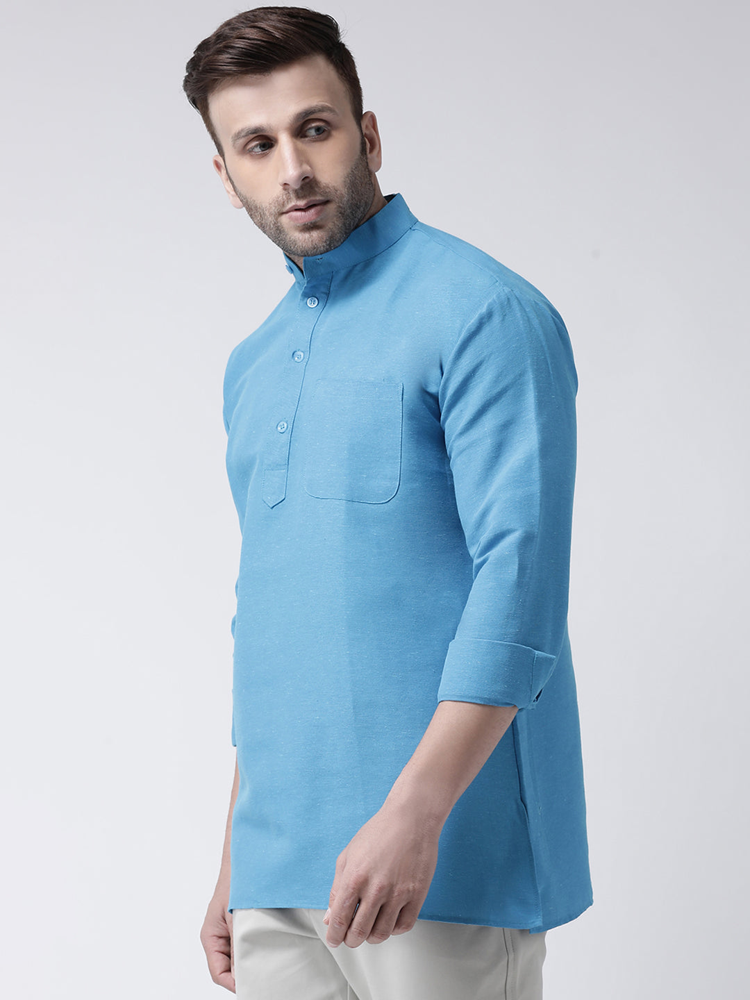 RIAG Blue Color Long Sleeves Men's Cotton Short Kurta - Distacart
