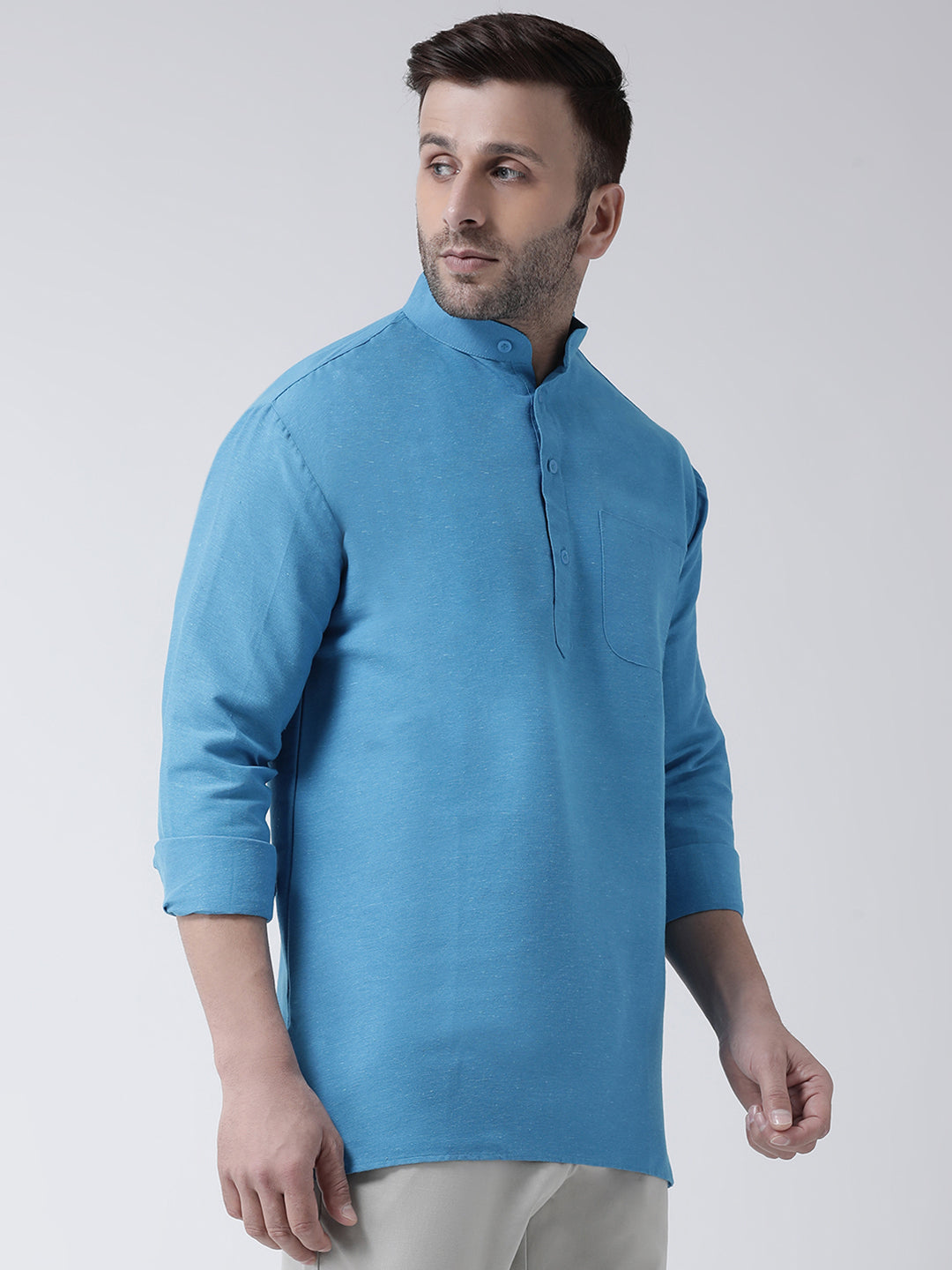 RIAG Blue Color Long Sleeves Men's Cotton Short Kurta - Distacart