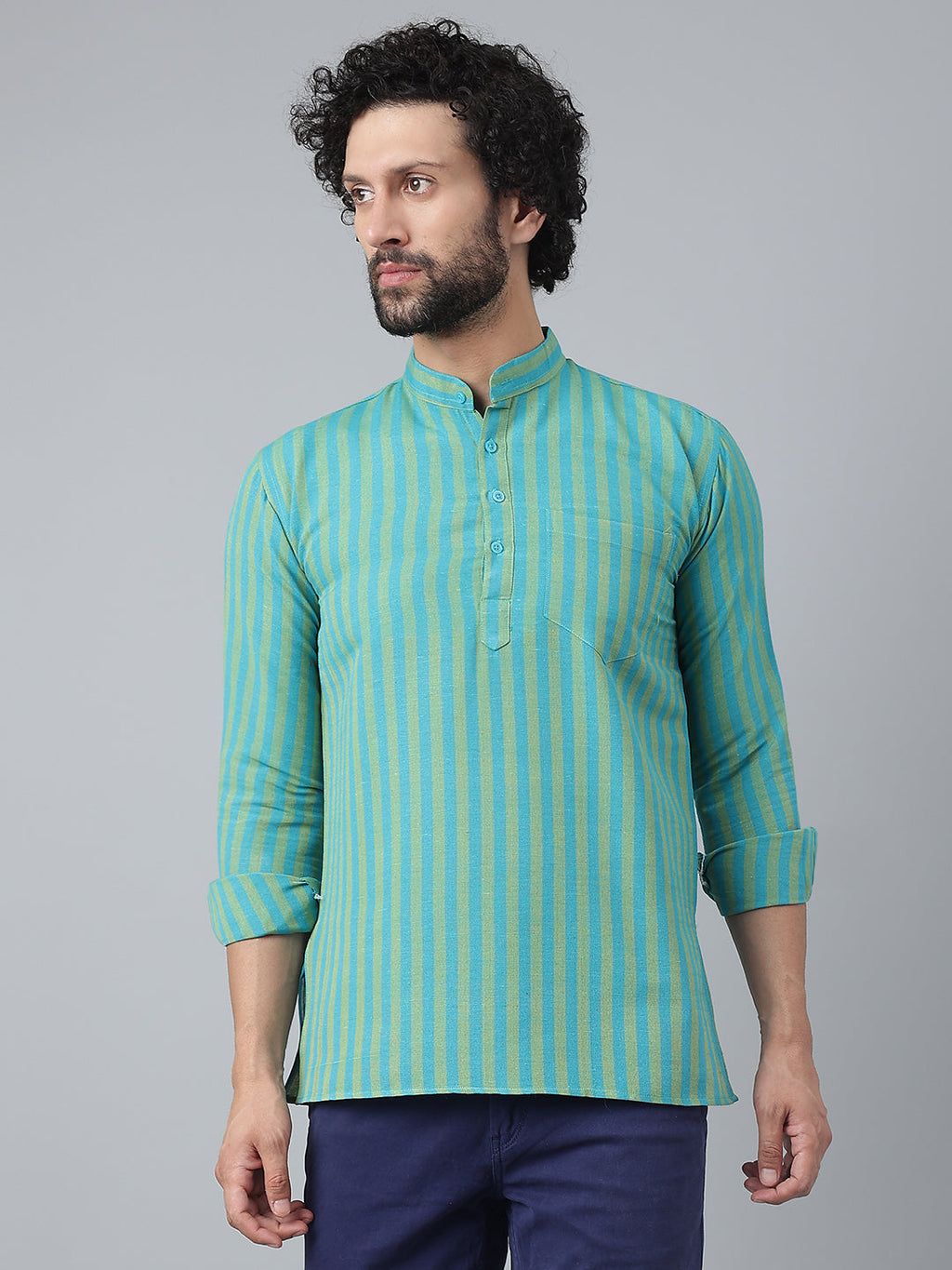 RIAG Blue Color Long Sleeves Casual Men's Cotton Short Kurta - Distacart