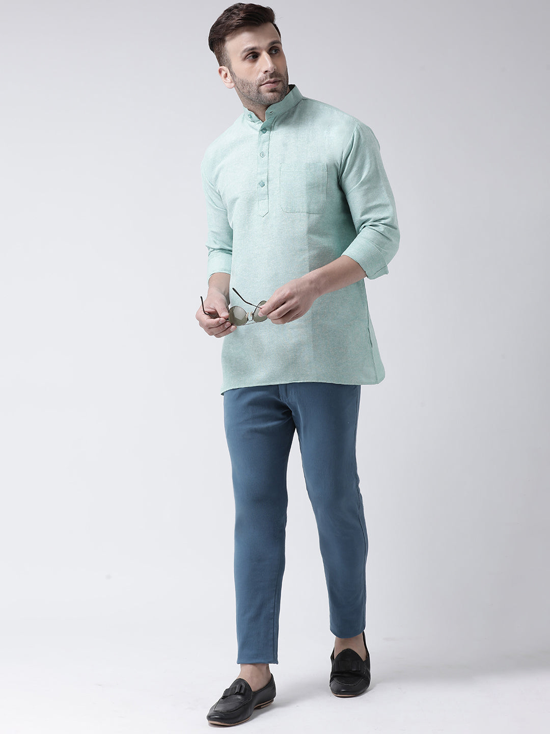 RIAG Green Color Long Sleeves Men's Cotton Short Kurta - Distacart
