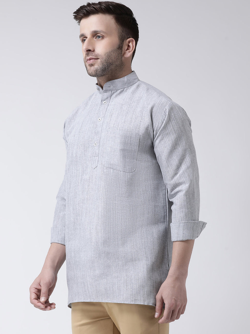RIAG Grey Color Long Sleeves Men's Cotton Short Kurta - Distacart