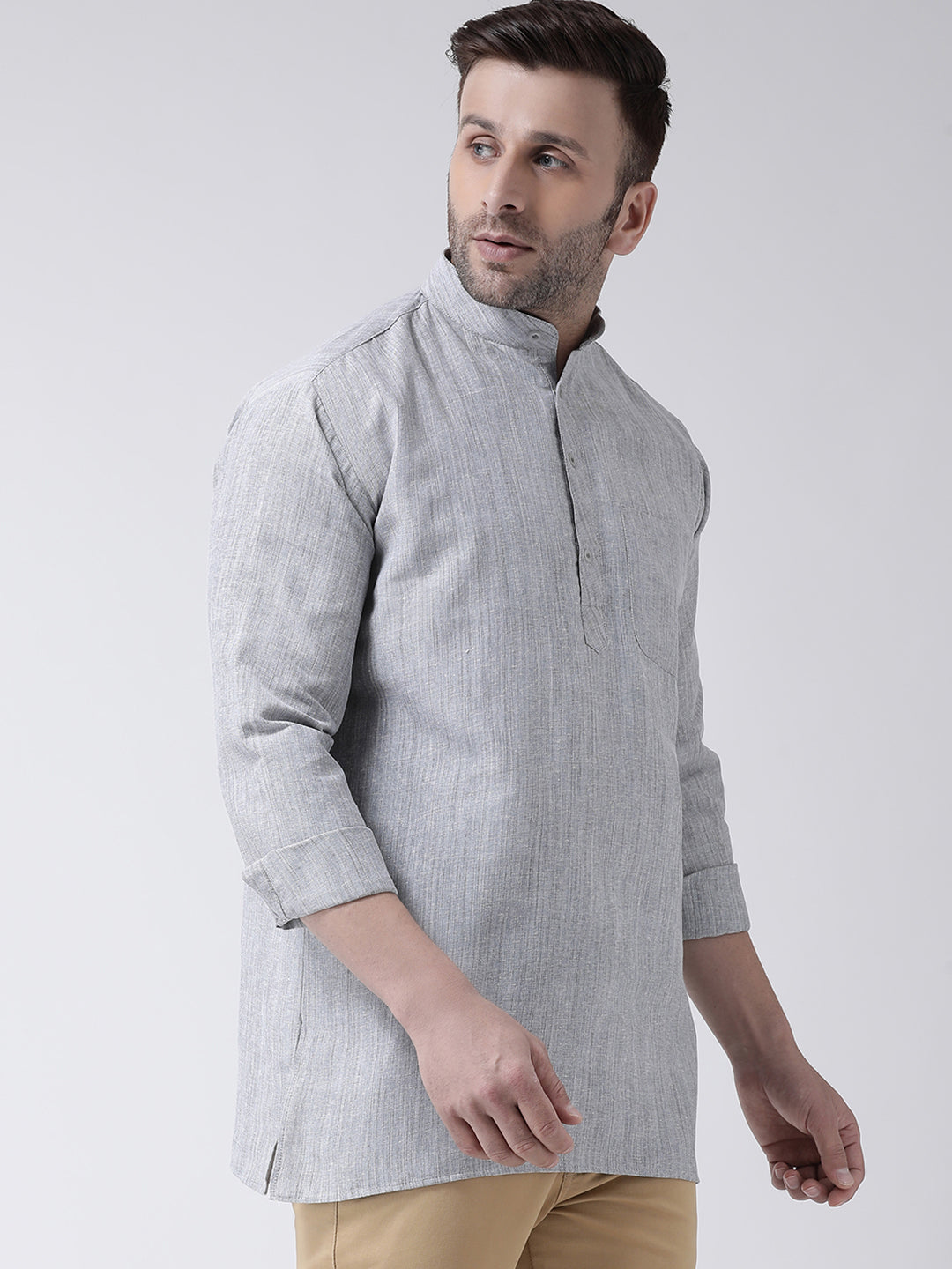 RIAG Grey Color Long Sleeves Men's Cotton Short Kurta - Distacart
