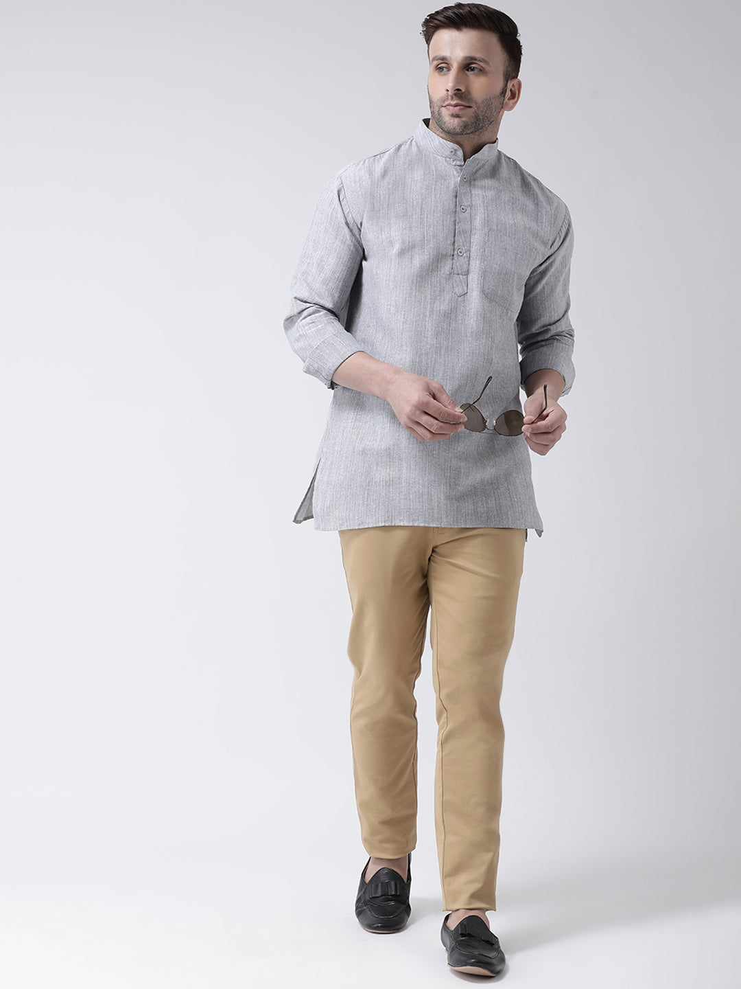 RIAG Grey Color Long Sleeves Men's Cotton Short Kurta - Distacart