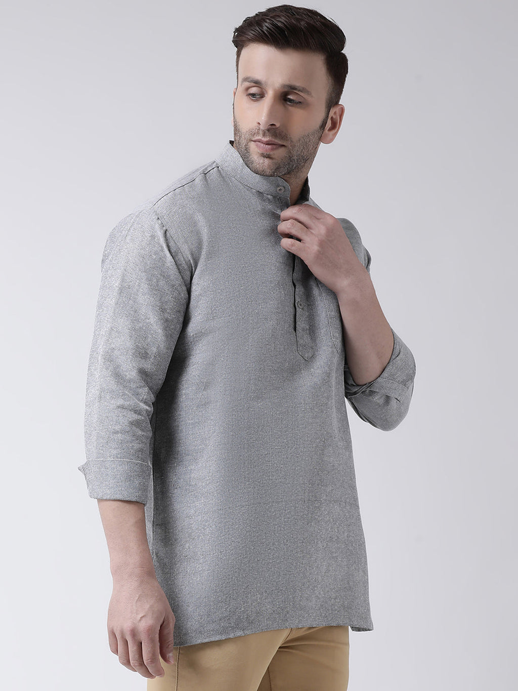 RIAG Grey Color Long Sleeves Men's Cotton Short Kurta - Distacart