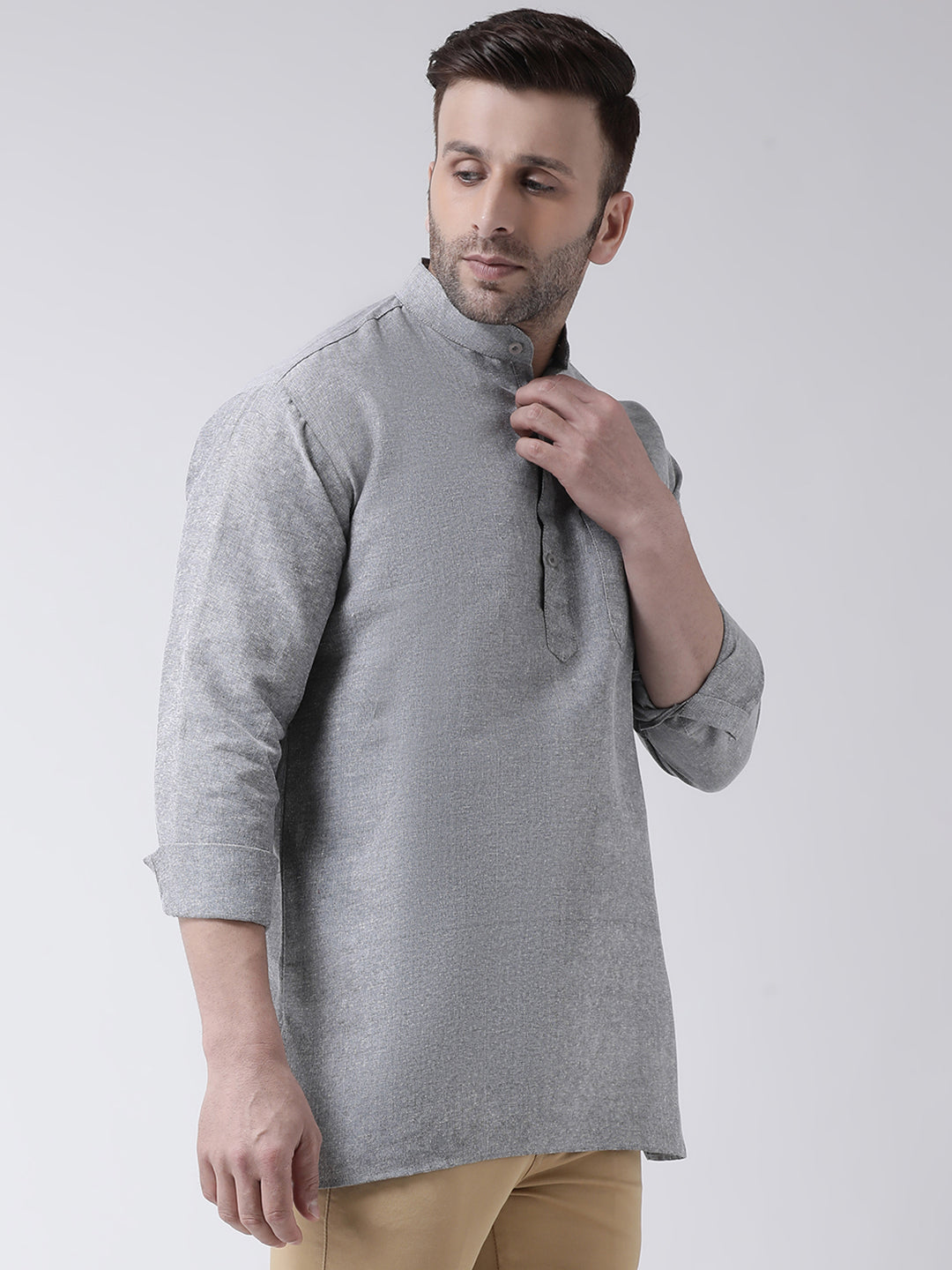 RIAG Grey Color Long Sleeves Men's Cotton Short Kurta - Distacart
