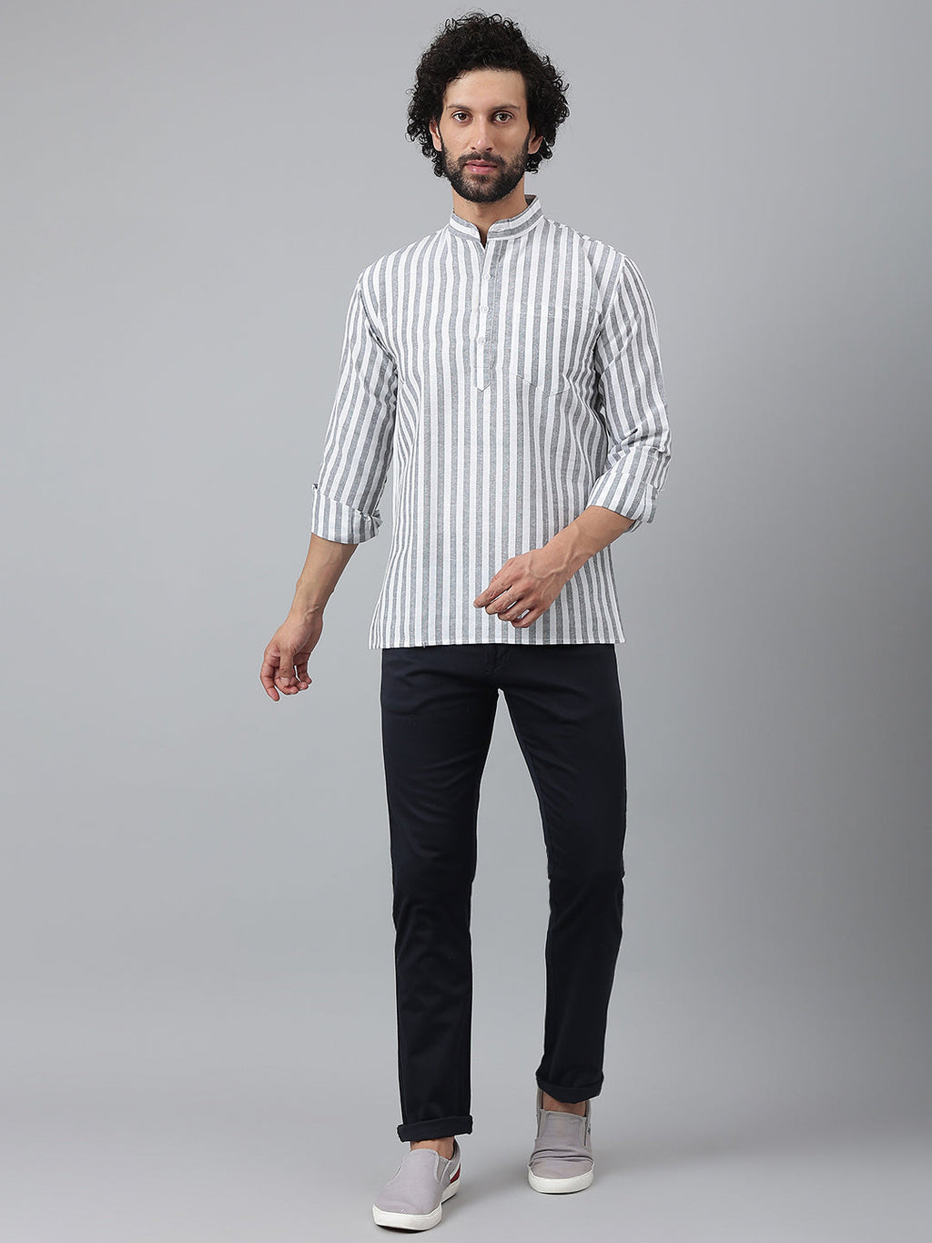 RIAG Grey Color Long Sleeves Casual Men's Cotton Short Kurta - Distacart