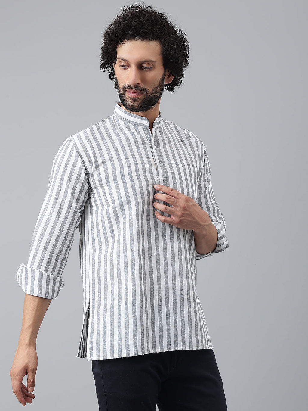 RIAG Grey Color Long Sleeves Casual Men's Cotton Short Kurta - Distacart