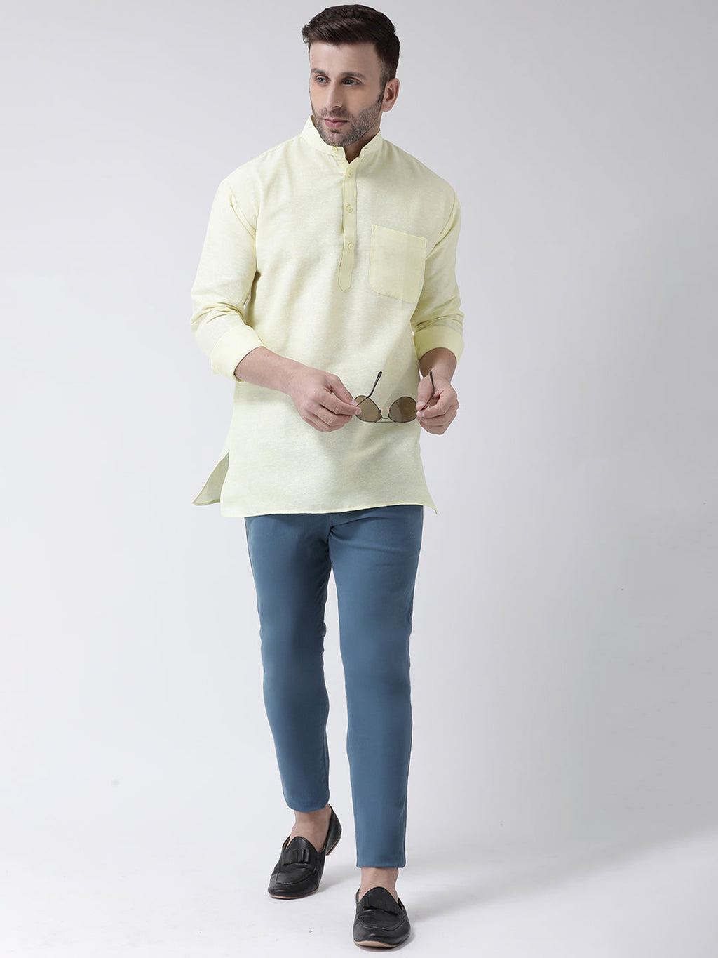 RIAG Yellow Color Long Sleeves Men's Cotton Short Kurta - Distacart