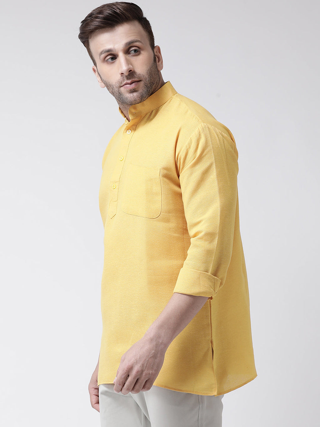 RIAG Yellow Color Long Sleeves Men's Cotton Short Kurta - Distacart