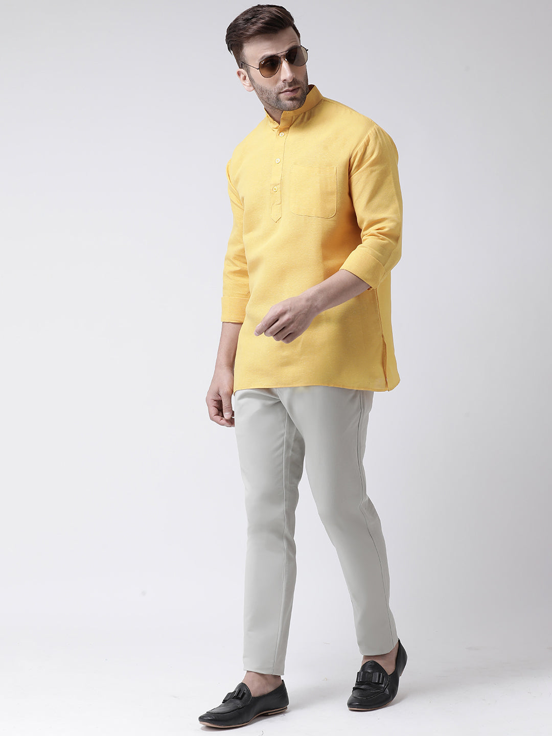 RIAG Yellow Color Long Sleeves Men's Cotton Short Kurta - Distacart