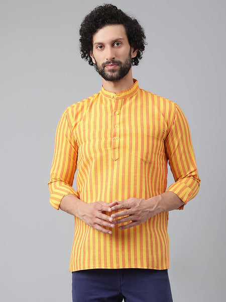 RIAG Yellow Color Long Sleeves Casual Men's Cotton Short Kurta