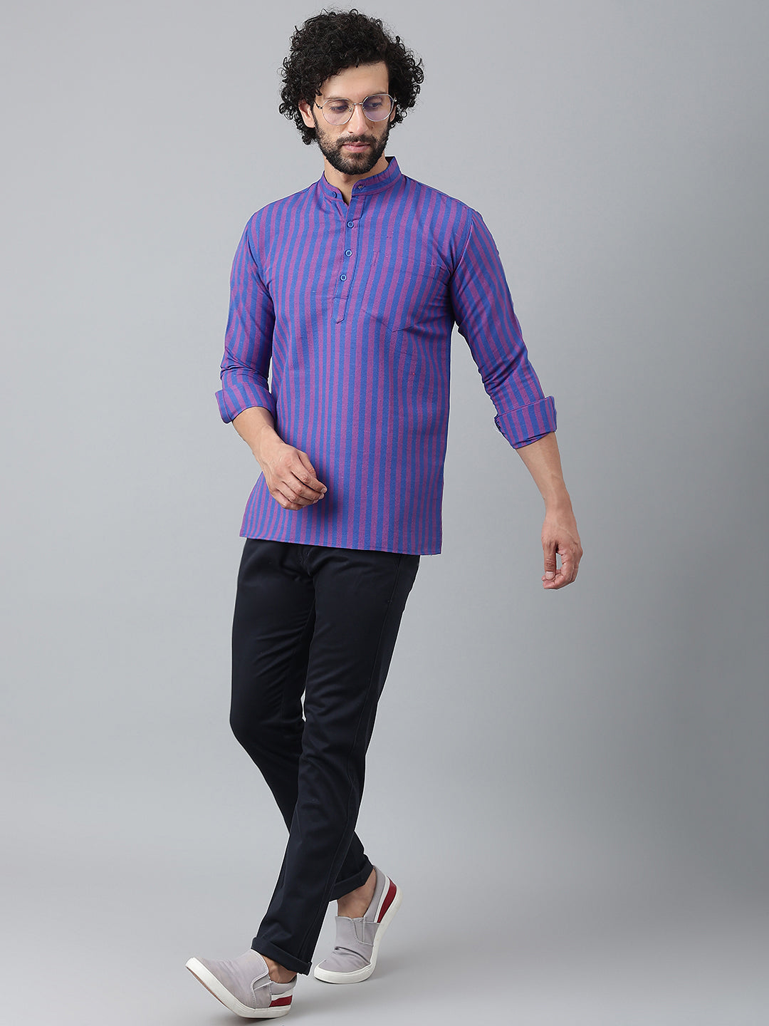 RIAG Navy Blue Color Long Sleeves Casual Men's Cotton Short Kurta - Distacart