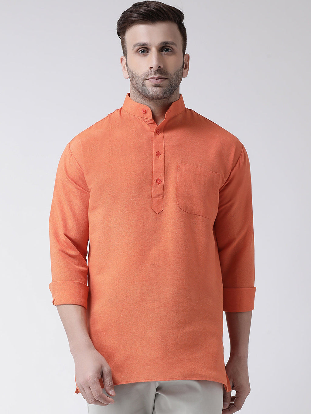 RIAG Orange Color Long Sleeves Men's Cotton Short Kurta - Distacart