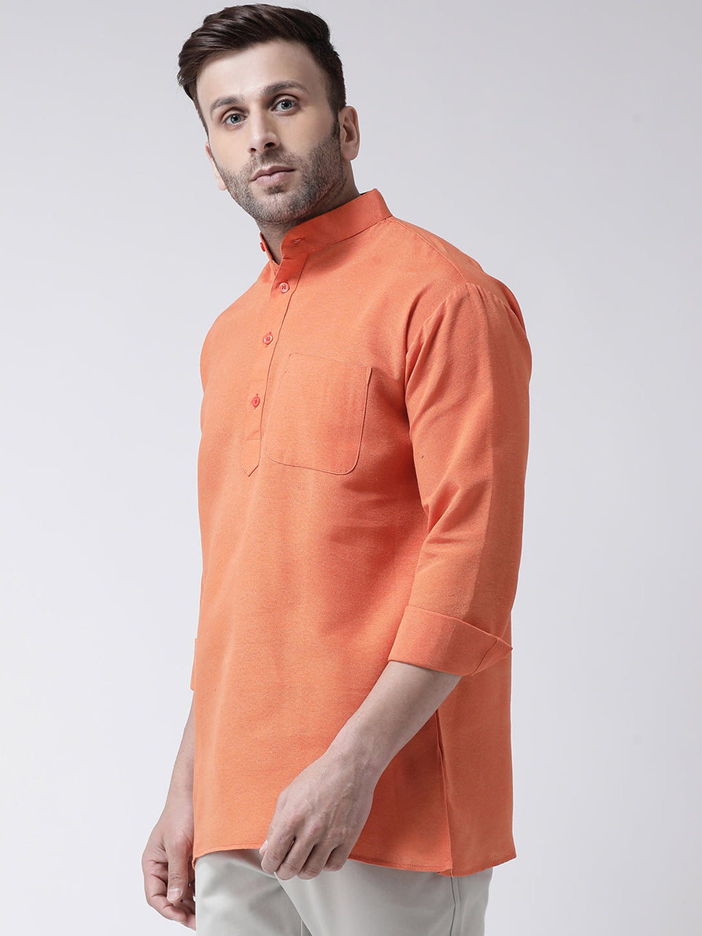 RIAG Orange Color Long Sleeves Men's Cotton Short Kurta - Distacart