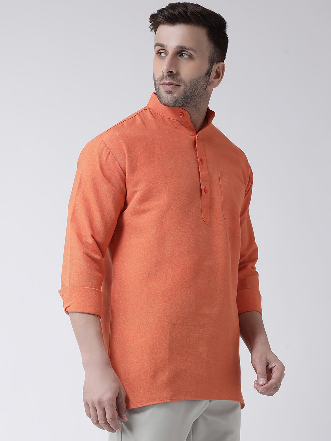 RIAG Orange Color Long Sleeves Men's Cotton Short Kurta - Distacart