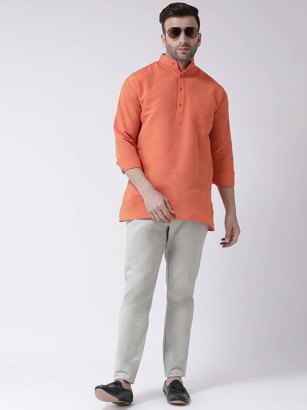 RIAG Orange Color Long Sleeves Men's Cotton Short Kurta - Distacart