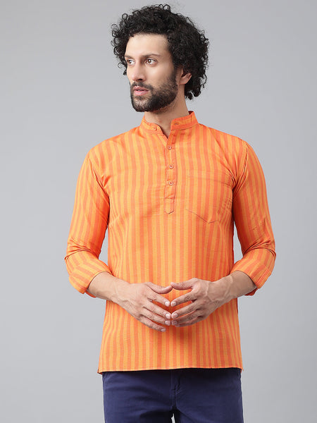 RIAG Orange Color Long Sleeves Casual Men's Cotton Short Kurta