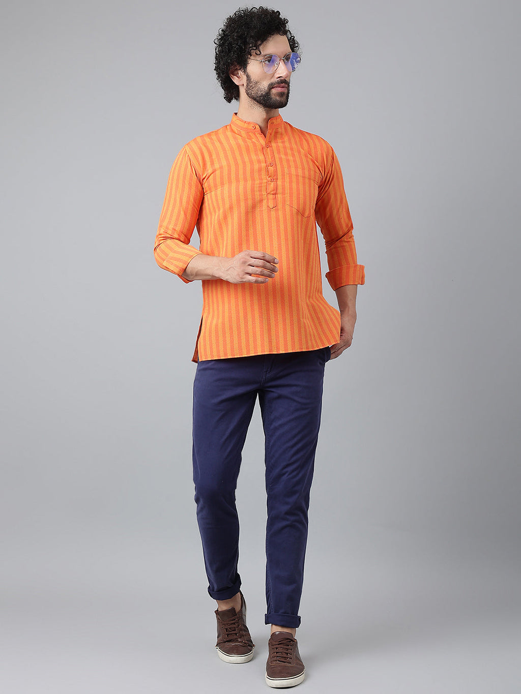 RIAG Orange Color Long Sleeves Casual Men's Cotton Short Kurta - Distacart