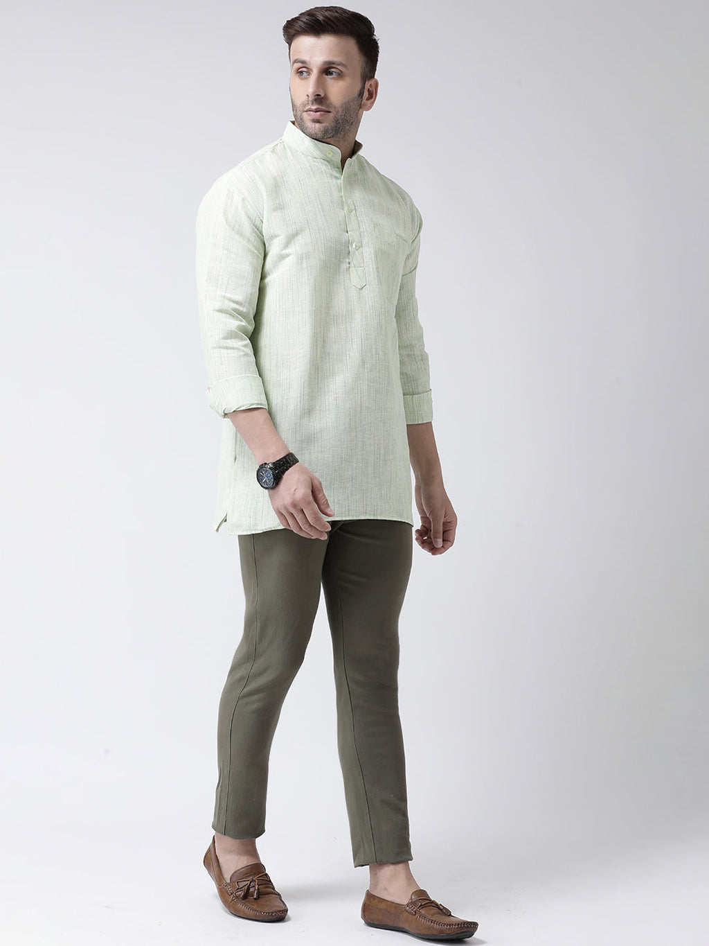 RIAG Green Color Long Sleeves Men's Cotton Short Kurta - Distacart