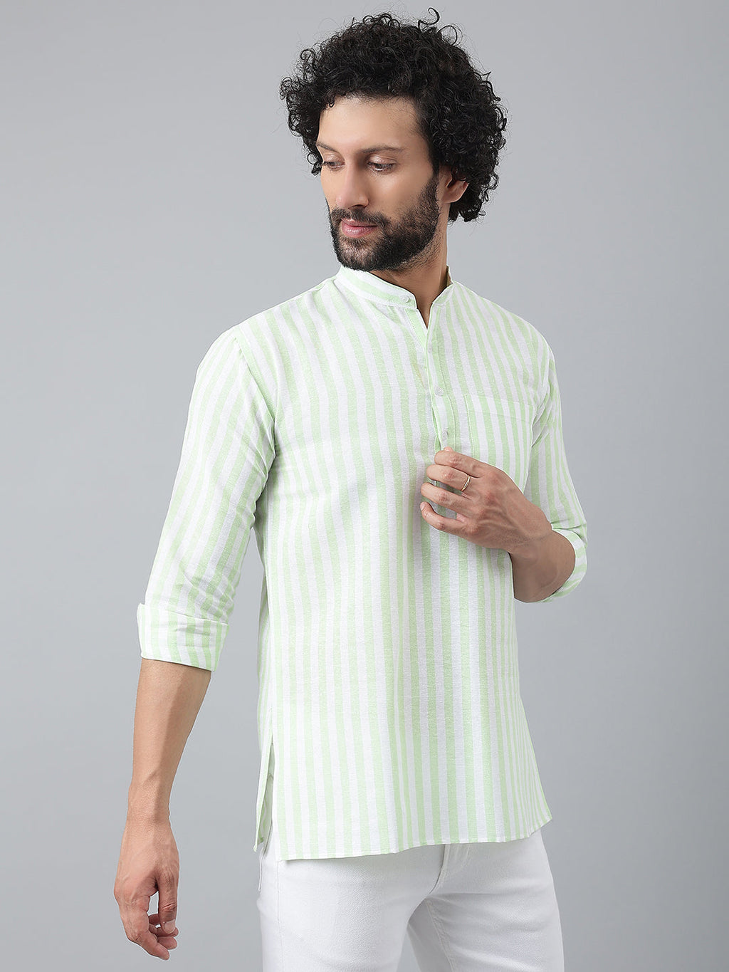 RIAG Green Color Long Sleeves Casual Men's Cotton Short Kurta - Distacart
