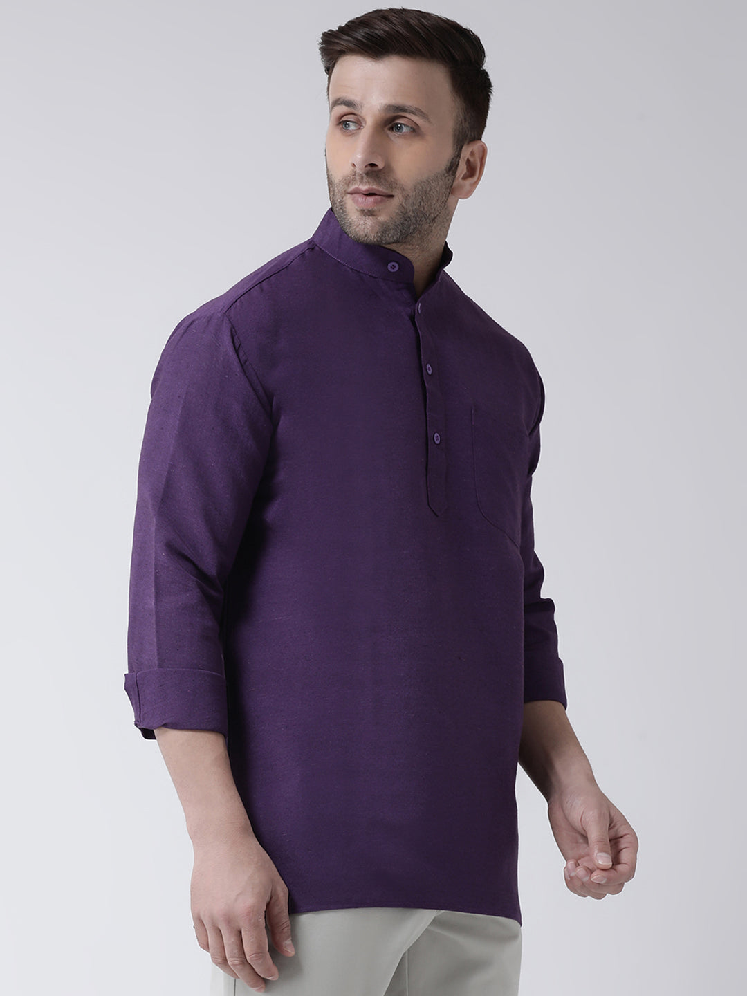RIAG Purple Color Long Sleeves Men's Cotton Short Kurta - Distacart
