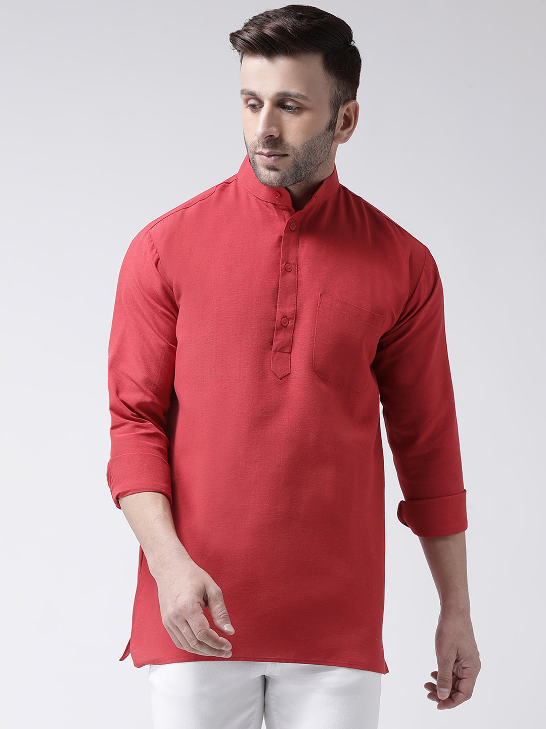 RIAG Red Color Long Sleeves Men's Cotton Short Kurta - Distacart
