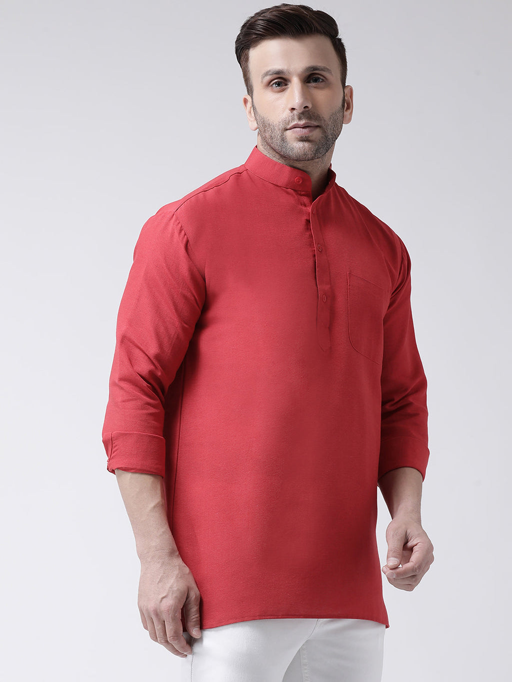 RIAG Red Color Long Sleeves Men's Cotton Short Kurta - Distacart