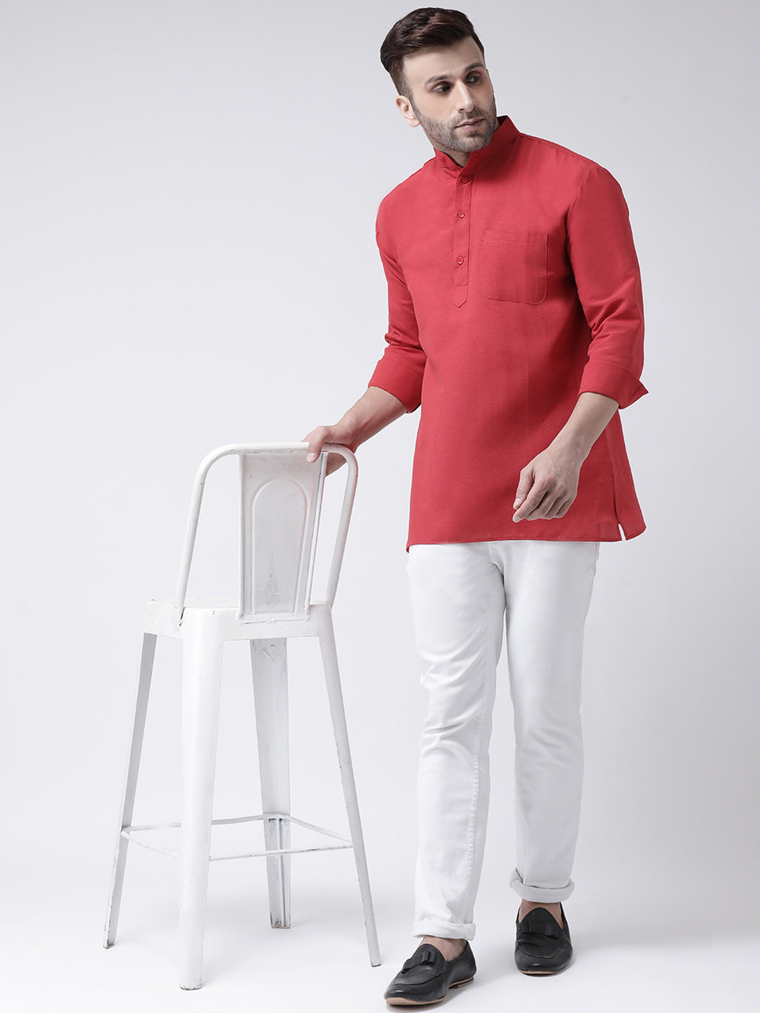 RIAG Red Color Long Sleeves Men's Cotton Short Kurta - Distacart