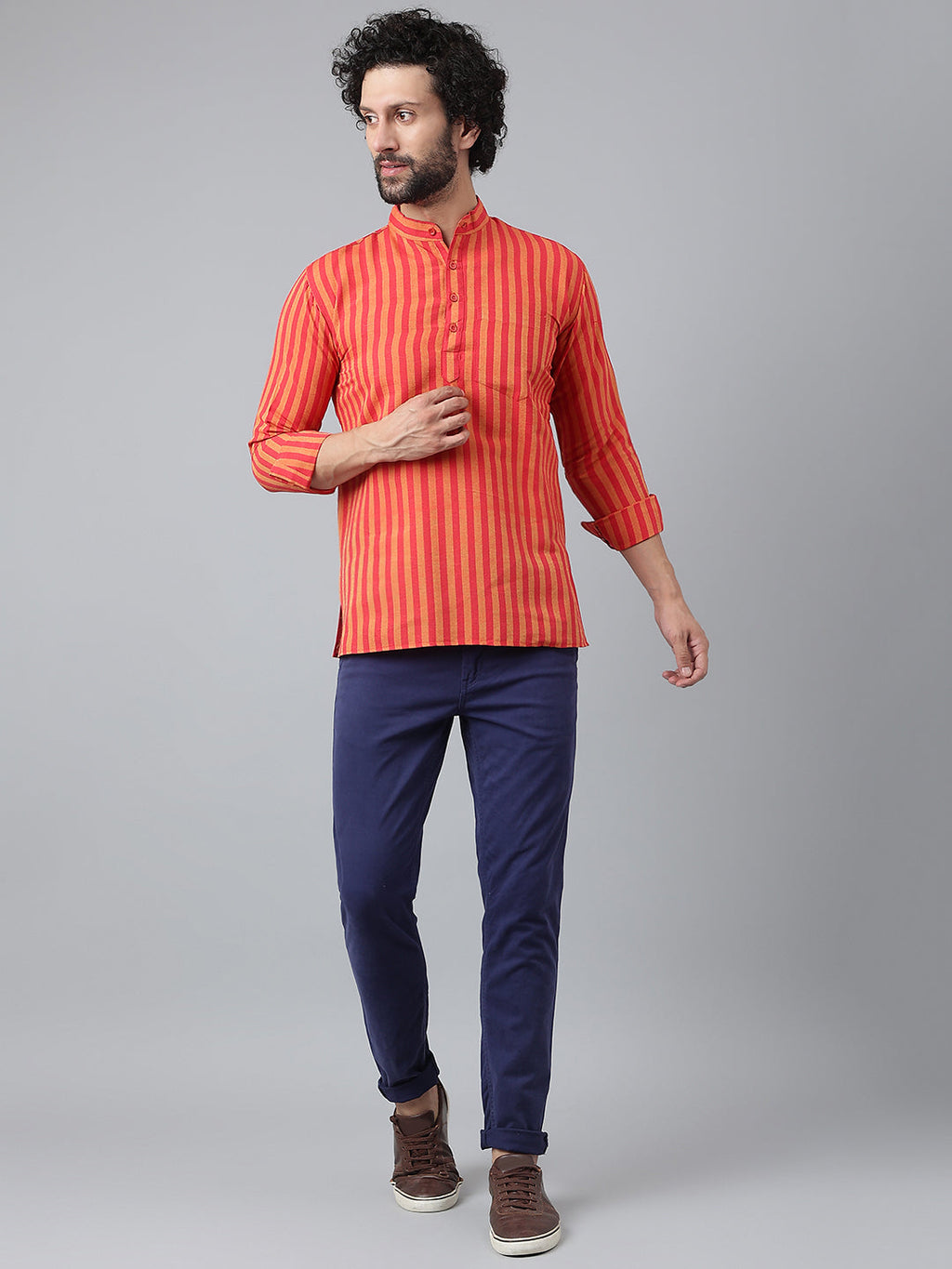 RIAG Red Color Long Sleeves Casual Men's Cotton Short Kurta - Distacart