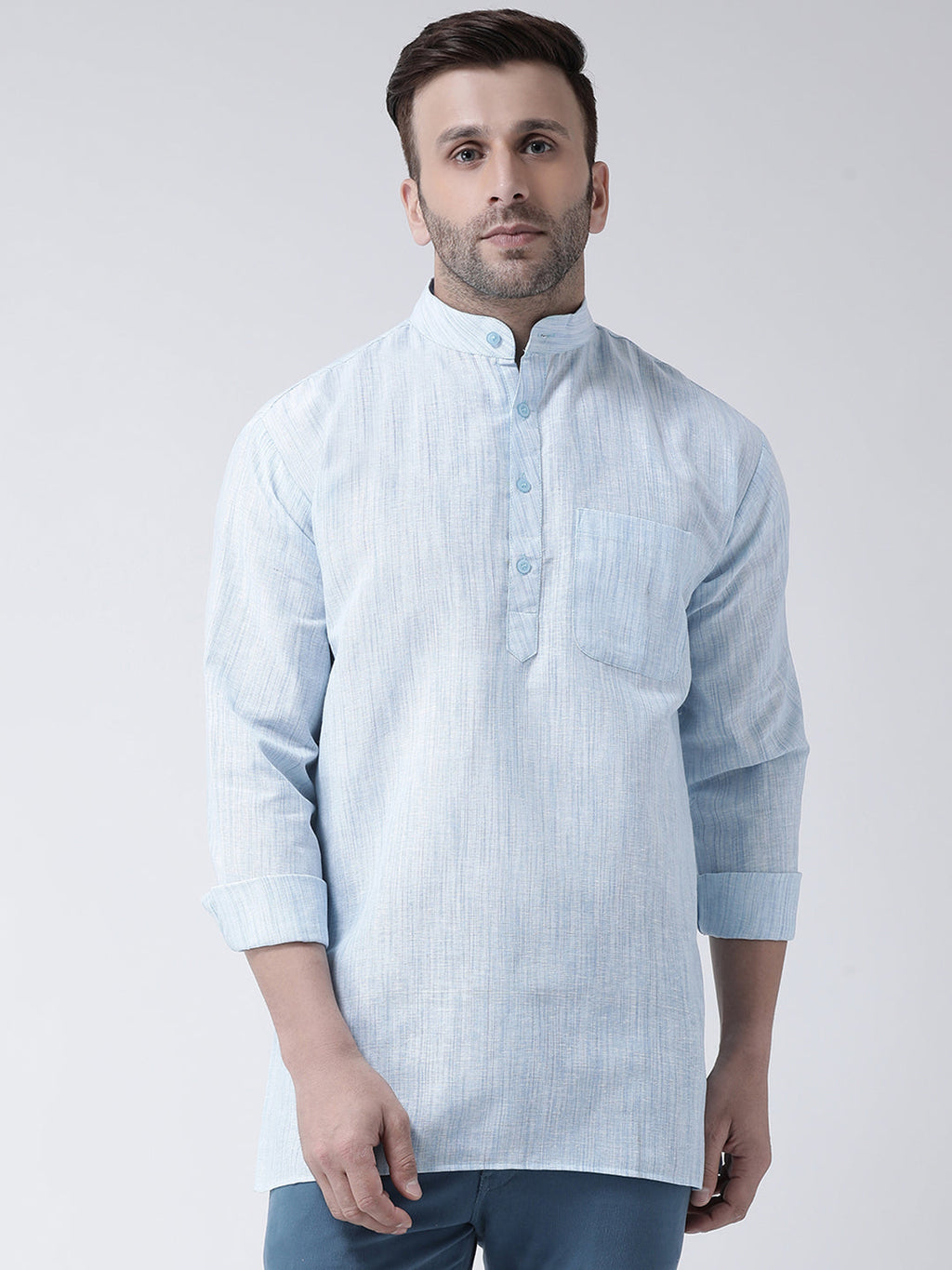 RIAG Blue Color Long Sleeves Men's Cotton Short Kurta - Distacart
