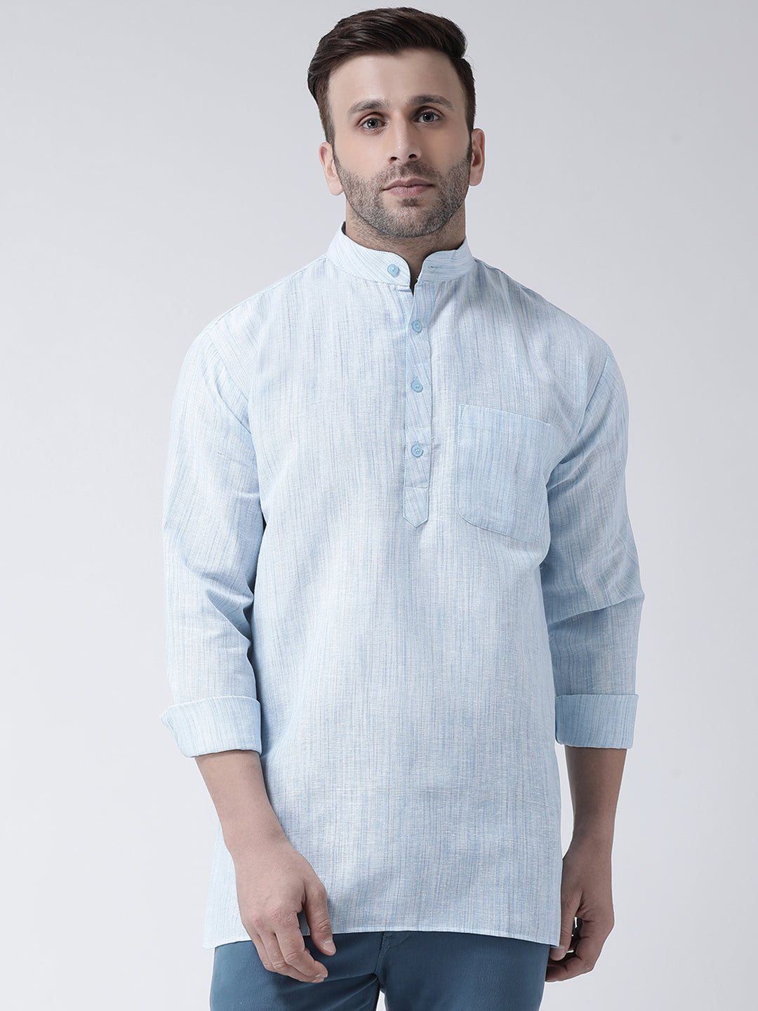 RIAG Blue Color Long Sleeves Men's Cotton Short Kurta - Distacart
