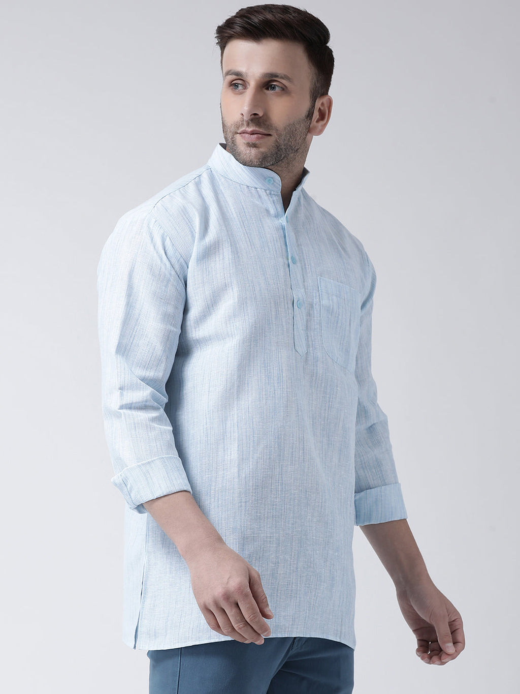 RIAG Blue Color Long Sleeves Men's Cotton Short Kurta - Distacart