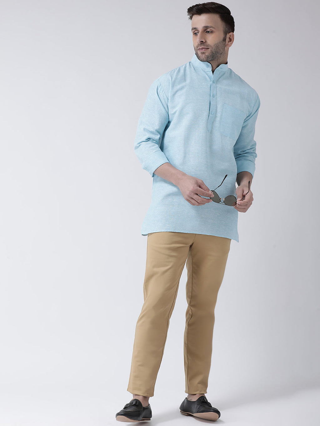 RIAG Light Blue Color Long Sleeves Men's Cotton Short Kurta - Distacart