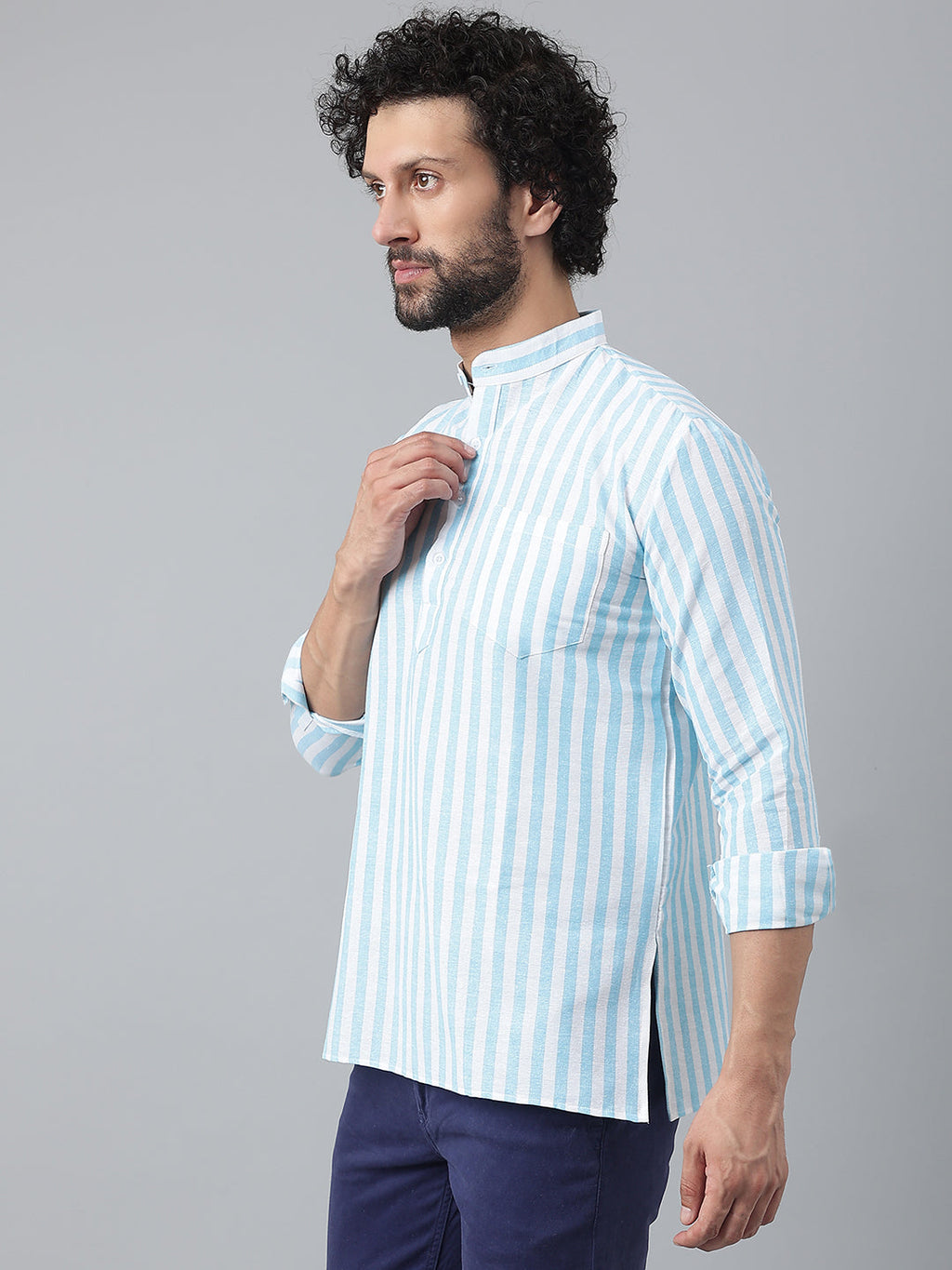 RIAG Blue Color Long Sleeves Casual Men's Cotton Short Kurta - Distacart