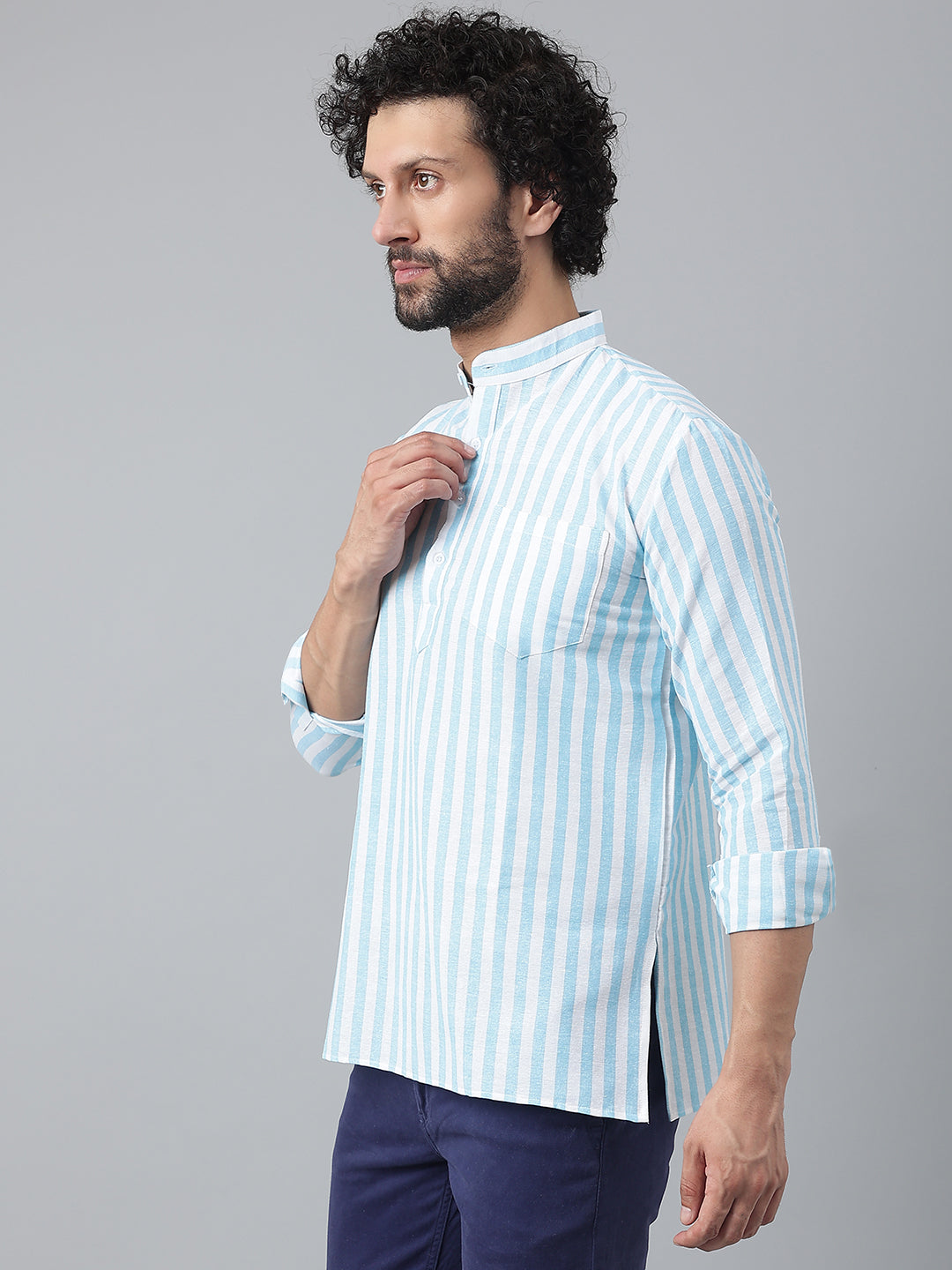 RIAG Blue Color Long Sleeves Casual Men's Cotton Short Kurta - Distacart