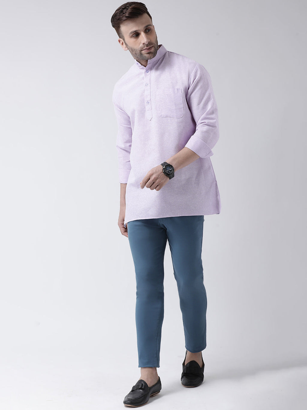 RIAG Purple Color Long Sleeves Men's Cotton Short Kurta - Distacart