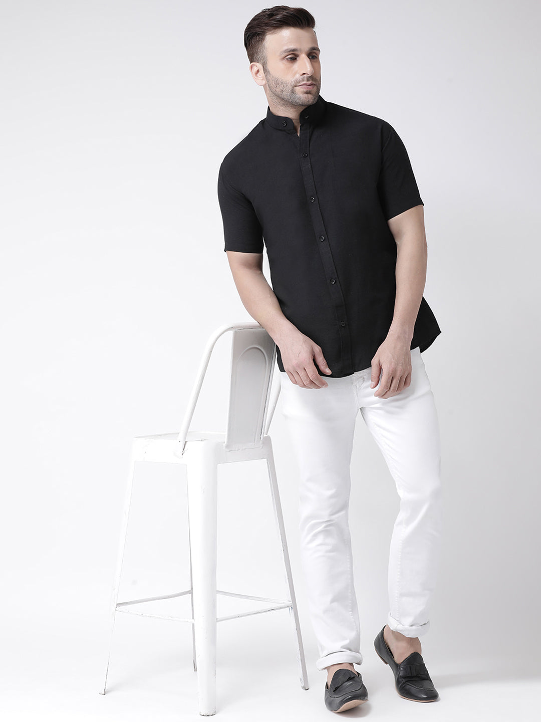 RIAG Black Men's Chinese Collar Half Sleeves Shirt - Distacart